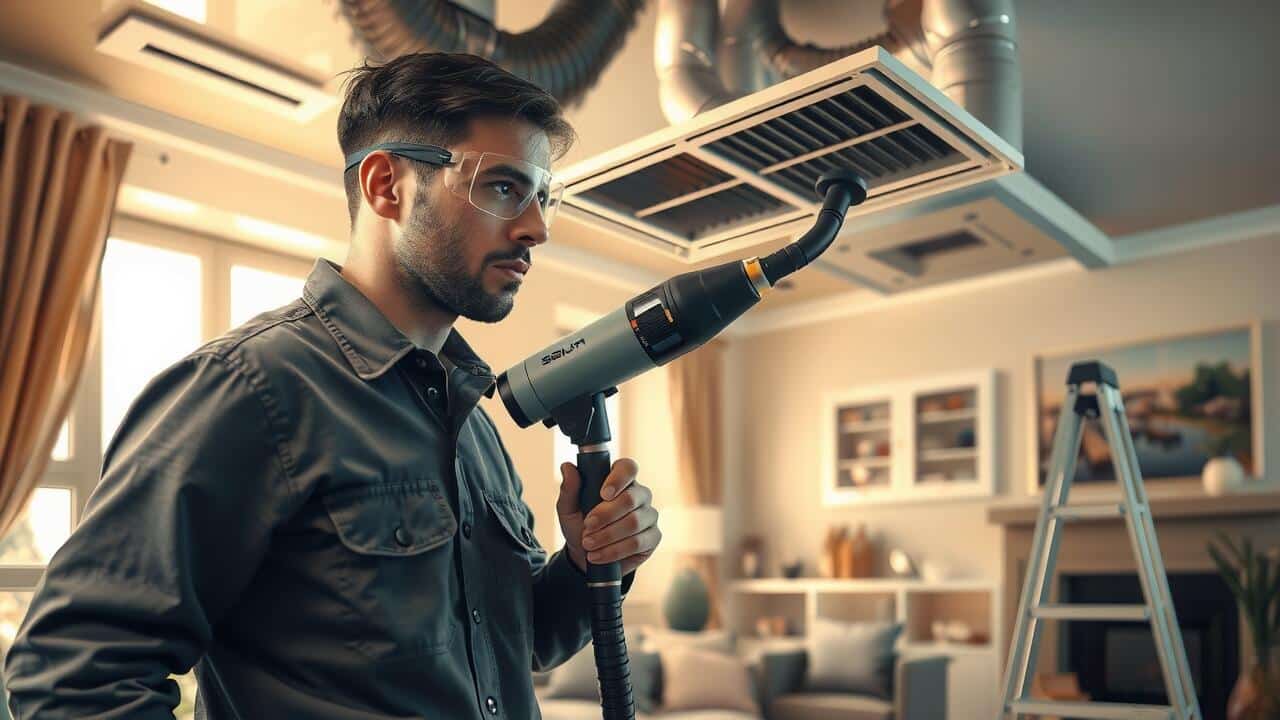 A man wearing safety glasses uses a vacuum device to clean an air vent on the ceiling in a modern living room, showcasing professional air duct cleaning Lewisville services.