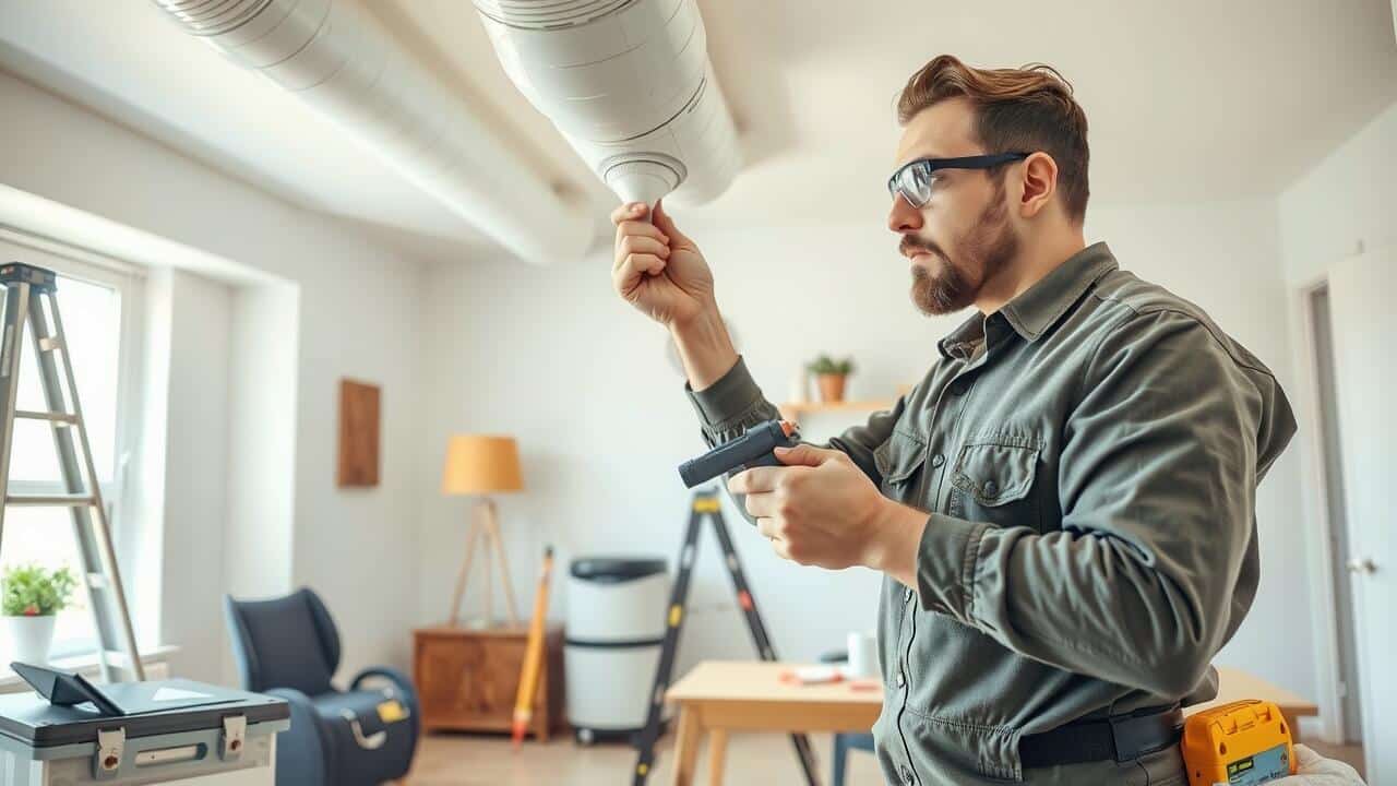 A man in workwear and safety glasses inspects or repairs an air duct inside a modern, well-lit room, holding a tool—demonstrating expert air duct cleaning Lewisville TX services.