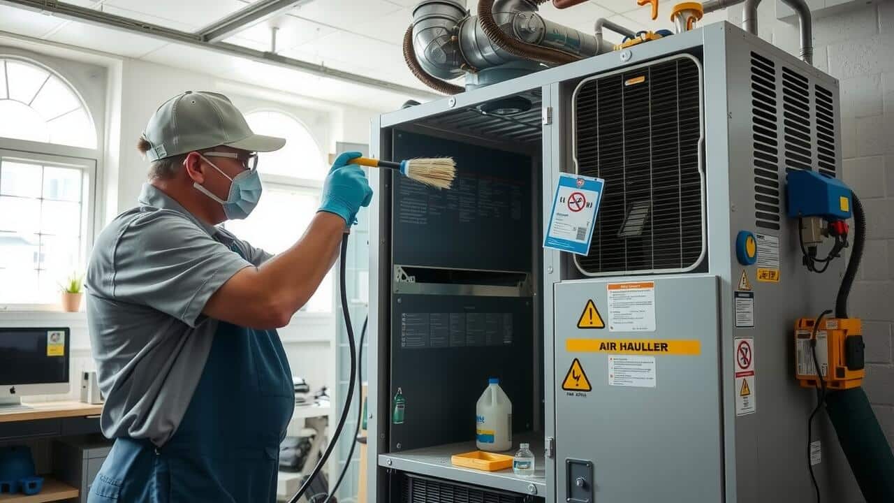 A technician wearing a mask cleans the inside of an industrial air handling unit with a brush in a well-lit indoor space, ensuring top-quality air duct cleaning Lewisville TX.