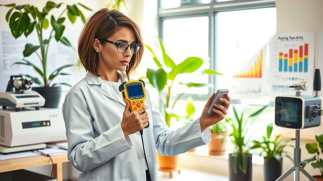 A scientist in a lab coat holds a handheld device and examines a smartphone in a bright laboratory, similar to spaces maintained by air duct cleaning Lewisville professionals, with charts, plants, and equipment in the background.