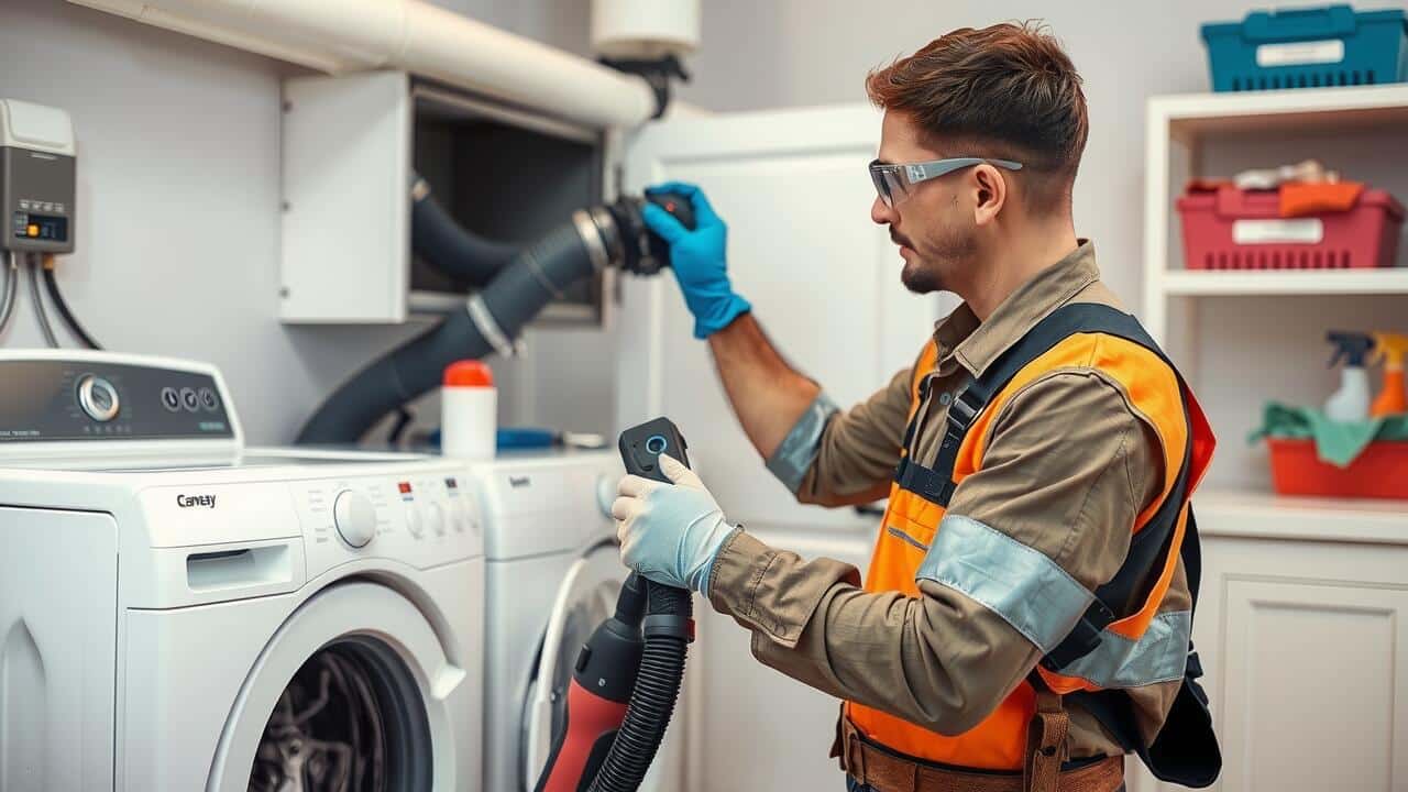 A technician in safety gear performs dryer vent cleaning lewisville with a vacuum hose in a laundry room equipped with a washer and dryer.