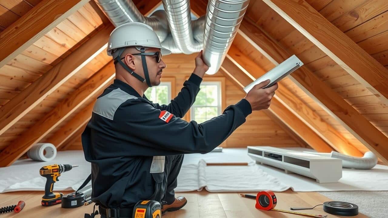 A technician in safety gear inspects ductwork in a wooden attic, surrounded by tools and equipment—demonstrating the care taken during air duct cleaning Lewisville TX homeowners trust.