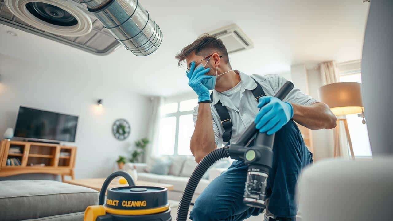 A technician wearing gloves holds cleaning equipment and covers his nose while performing air duct cleaning lewisville tx in a living room.