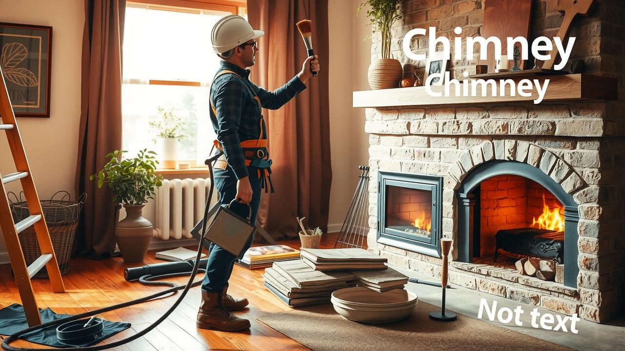 A person wearing safety gear inspects a brick fireplace in a living room, surrounded by cleaning tools and stacked newspapers—highlighting the importance of dryer vent cleaning Lewisville for a safer, cleaner home environment.