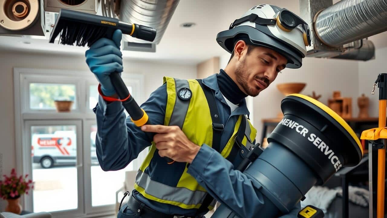 A technician in safety gear provides thorough air duct cleaning Lewisville services, using specialized equipment to clean ducts inside a residential home.