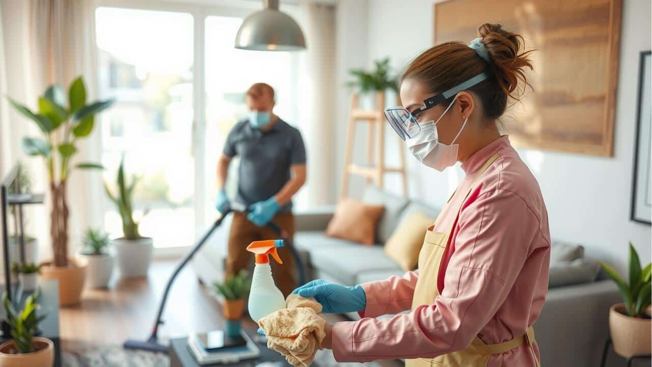 Two people wearing masks and gloves clean a living room; one wipes a surface with spray, while the other vacuums the floor, ensuring a spotless space—perfect for those seeking air duct cleaning Lewisville TX.