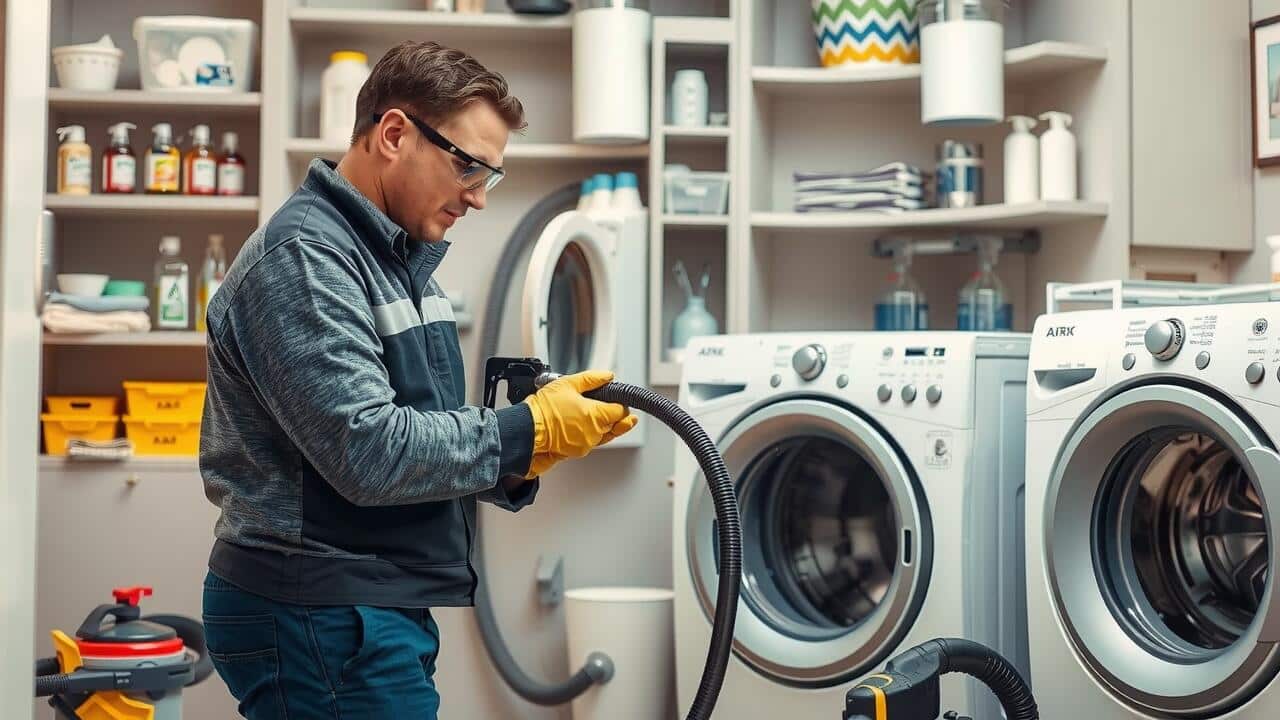 A man wearing gloves and safety glasses uses a vacuum hose for air duct cleaning in a laundry room with two front-load washing machines and various cleaning supplies on shelves.