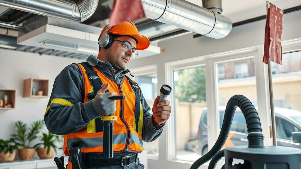 A worker in safety gear inspects a vacuum hose in a modern indoor setting, showcasing the professionalism of commercial air duct cleaning Lewisville services. He wears an orange vest, hard hat, and headphones.