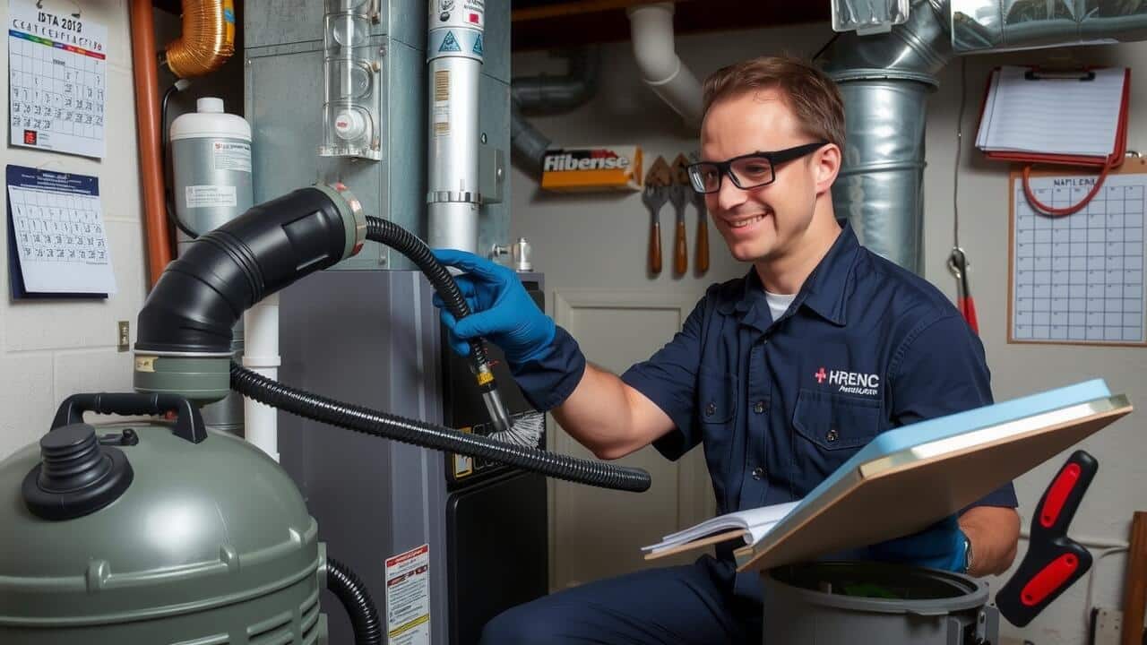 A technician in uniform inspects an HVAC system in a utility room, holding a hose and clipboard, while tools and equipment for air duct cleaning Lewisville TX are visible in the background.