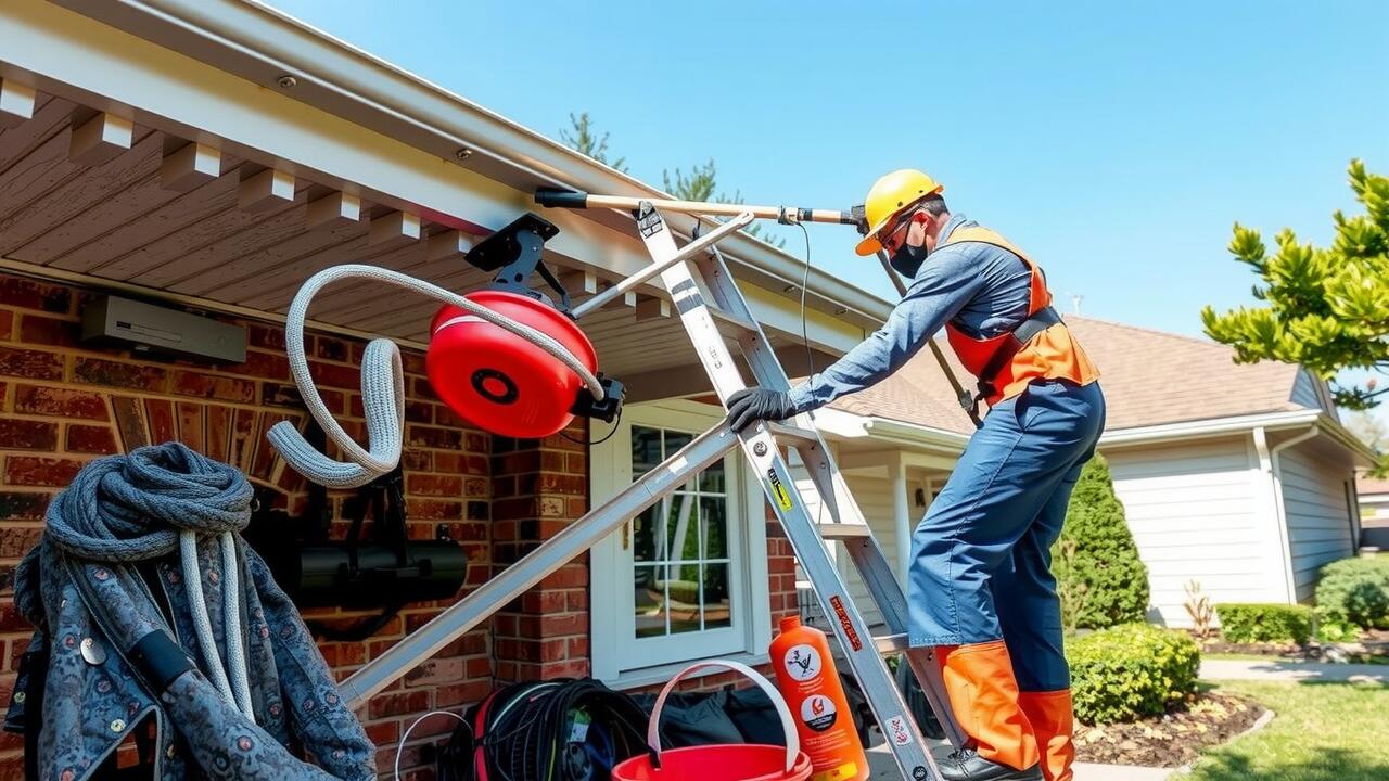A worker wearing safety gear cleans house gutters using specialized equipment while standing on a ladder outside a brick home—services like air duct cleaning Lewisville and carpet cleaning Lewisville may also be available.