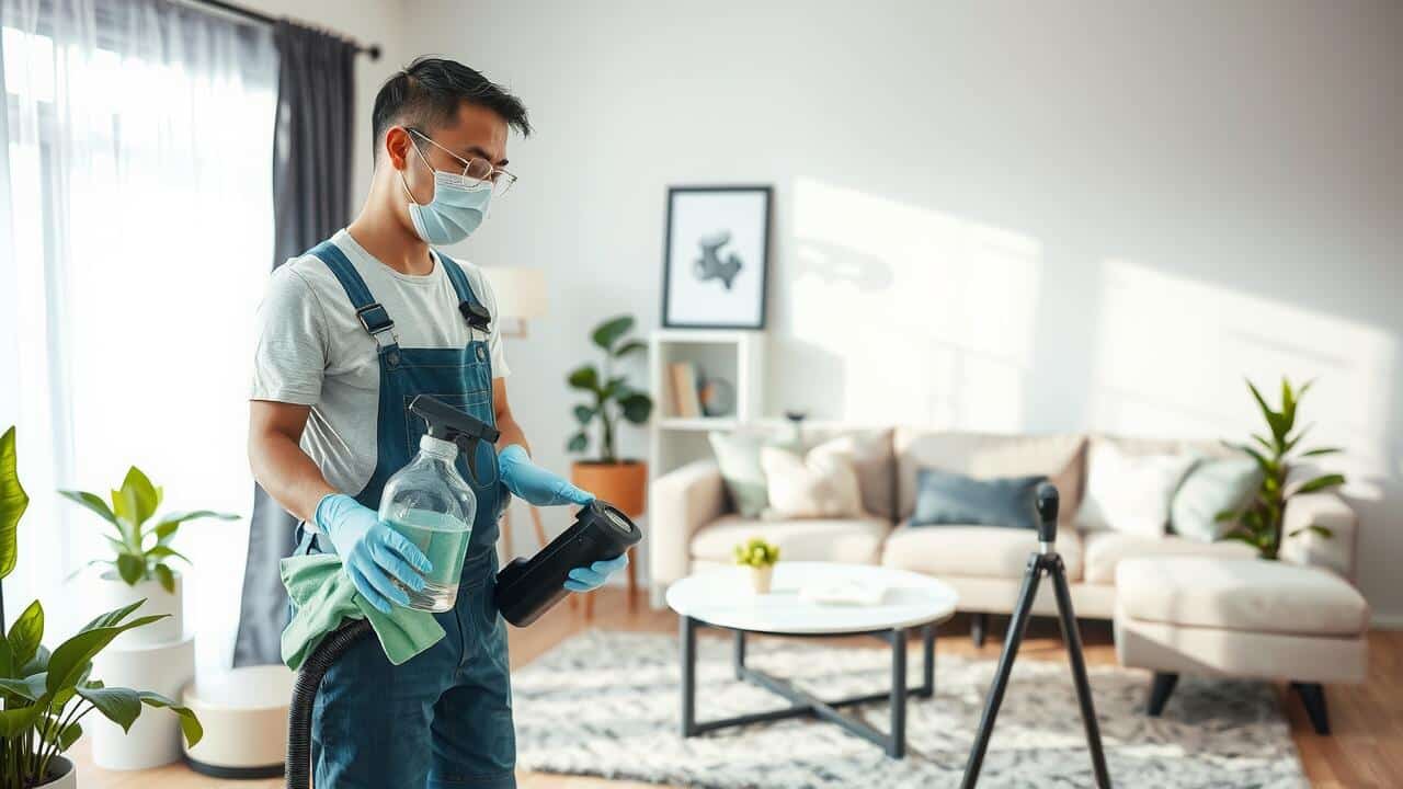 A person wearing gloves and a face mask cleans a living room with a spray bottle and cleaning cloth, ensuring freshness—just like professional air duct cleaning Lewisville services keep your indoor air pure.