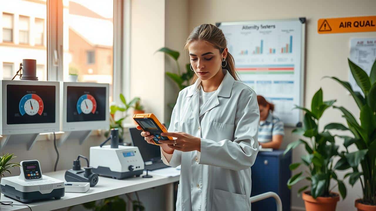 A woman in a lab coat uses a handheld device in a laboratory with air quality monitors, scientific equipment, and plants—emphasizing the importance of air duct cleaning for maintaining a healthy indoor environment.