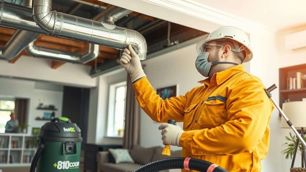 A technician wearing protective gear inspects and cleans air ducts with professional equipment inside a modern residential living room, ensuring top-quality air duct cleaning Lewisville TX for a healthier home environment.