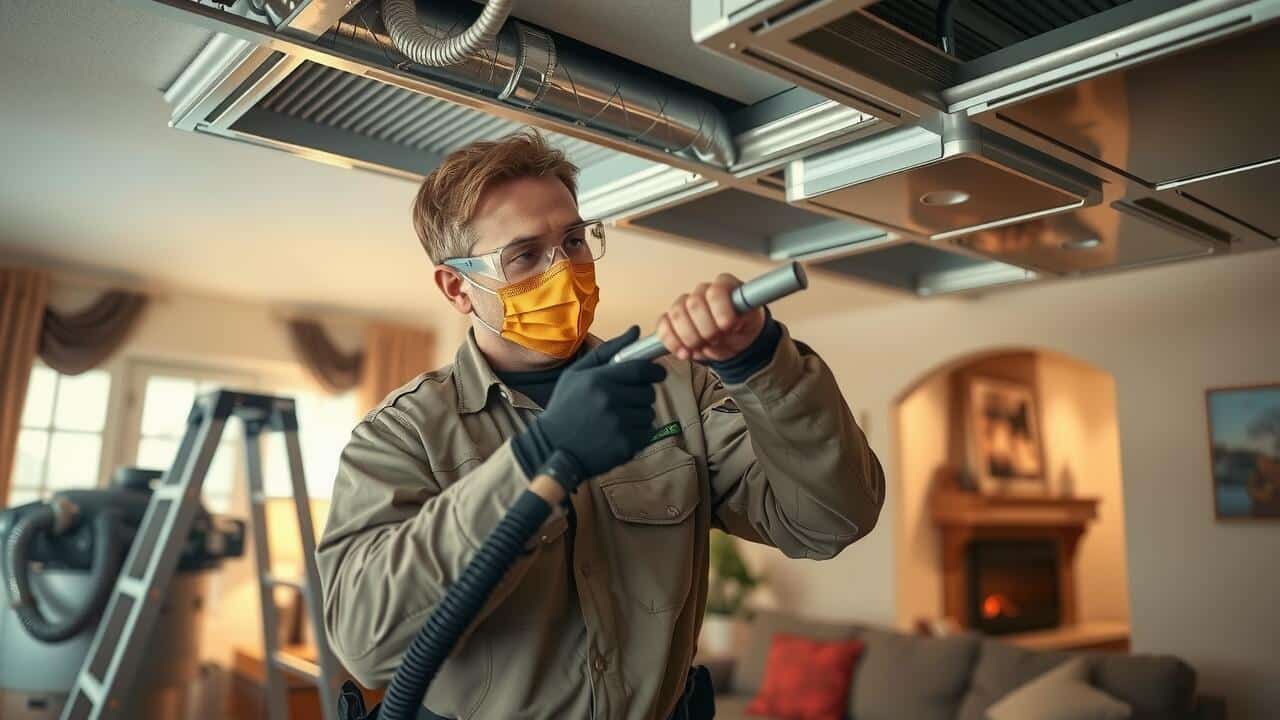 Technician wearing gloves and a mask cleans air ducts on a ceiling in a residential living room using a vacuum hose, showcasing professional air duct cleaning Lewisville TX services for improved indoor air quality.