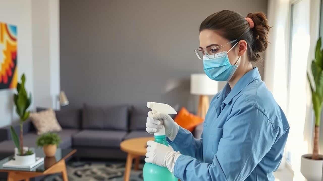 A person wearing a mask, gloves, and safety goggles sprays disinfectant in a modern living room, highlighting the importance of air duct cleaning Lewisville TX for maintaining a healthy indoor environment.