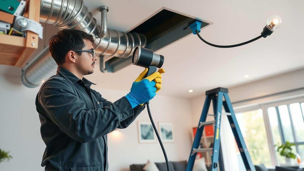 A technician wearing gloves and holding an inspection device examines an air duct opening in a modern room, with a stepladder and exposed ventilation visible, showcasing expert air duct cleaning Lewisville services.