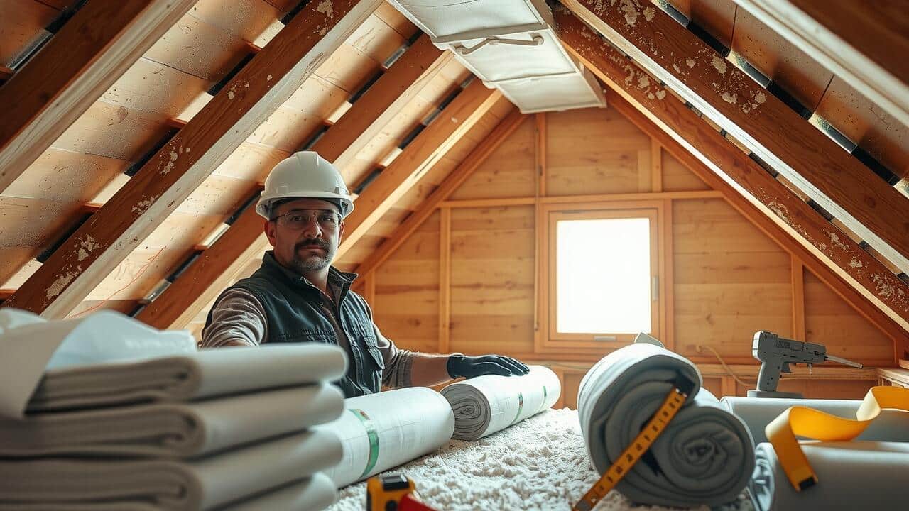 A construction worker wearing a hard hat prepares insulation materials inside a wooden attic, with tools and supplies on a table—ideal for projects like air duct cleaning Lewisville TX professionals might tackle.