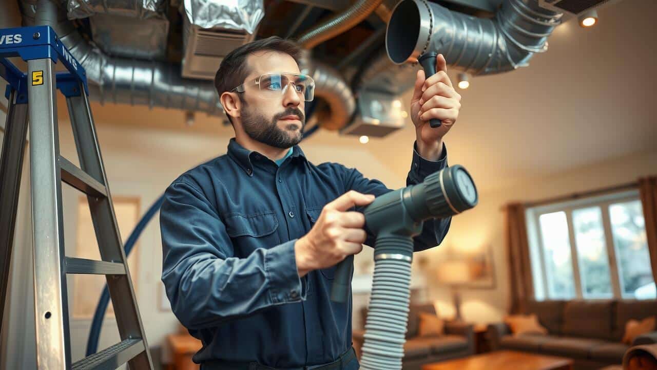 A technician wearing safety glasses inspects and cleans air ducts in a residential living room using a vacuum hose, providing professional air duct cleaning Lewisville TX services.