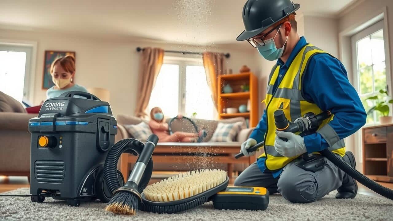 A worker in safety gear uses cleaning equipment for carpet cleaning Lewisville in a living room, while a woman and child wearing masks sit on a couch in the background.