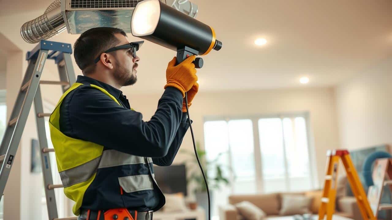 A worker in safety gear and gloves uses an inspection tool to examine an air duct while standing on a ladder inside a modern living room, showcasing professional air duct cleaning Lewisville TX services.