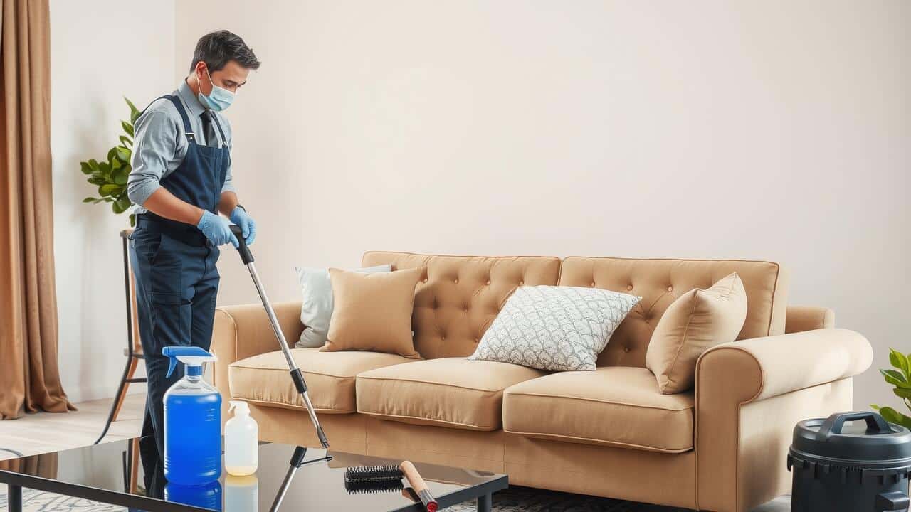A person wearing a mask and gloves vacuums the floor in a modern living room with a tan sofa, decorative pillows, and cleaning supplies on a glass coffee table—perfect for expert carpet cleaning Lewisville services.