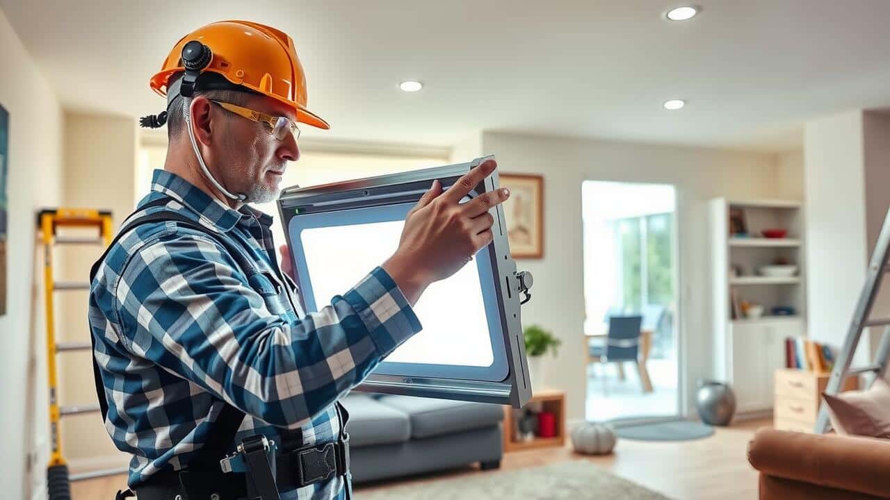 A worker in a hard hat and safety gear examines a light fixture in a modern living room, with tools and a ladder visible—ideal for air duct cleaning Lewisville TX to maintain fresh, healthy indoor air.
