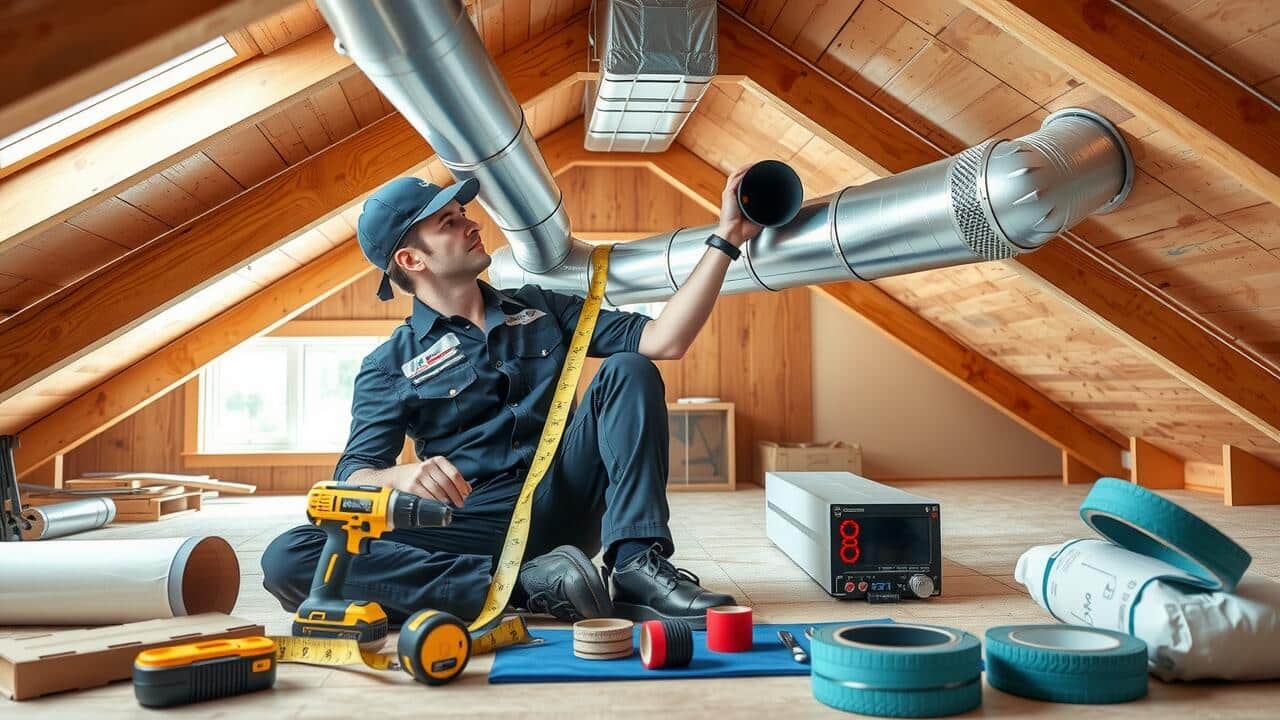 A technician in uniform inspects HVAC ductwork in an attic, surrounded by tools, measuring tape, and duct components under a wooden roof—expert air duct cleaning Lewisville TX for improved indoor air quality.