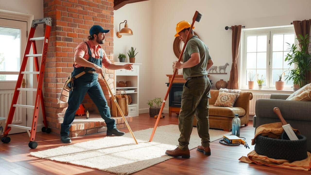 Two construction workers stand in a living room with wooden floors, tools, and ladders, appearing to discuss work near a brick fireplace and large windows—possibly preparing for air duct cleaning Lewisville TX services.