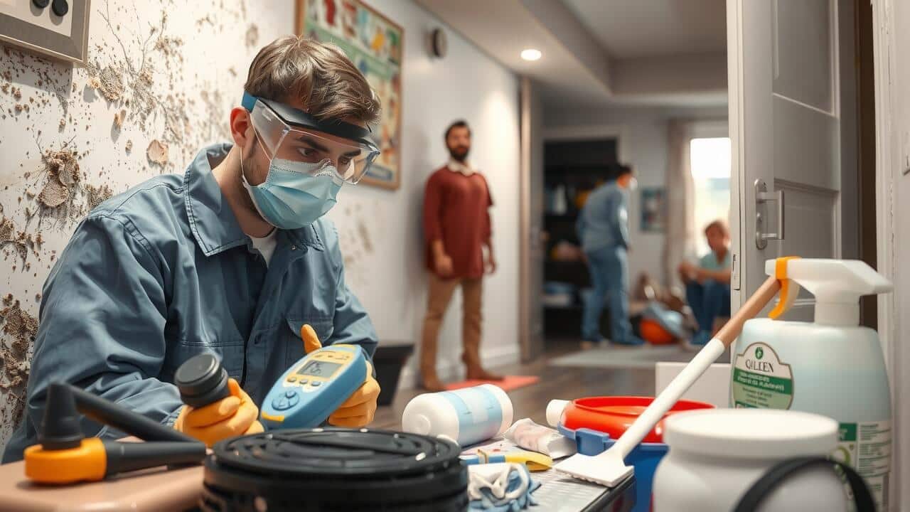 A worker wearing a mask and goggles inspects an air quality meter, with cleaning supplies on the table and others working in a mold-affected room—ideal for services like air duct cleaning Lewisville TX.