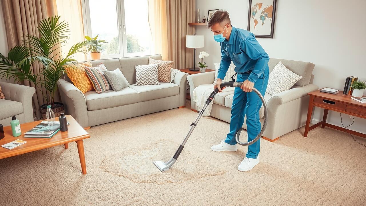 A person wearing a mask uses a carpet cleaning lewisville machine to clean a large stain on the living room floor.
