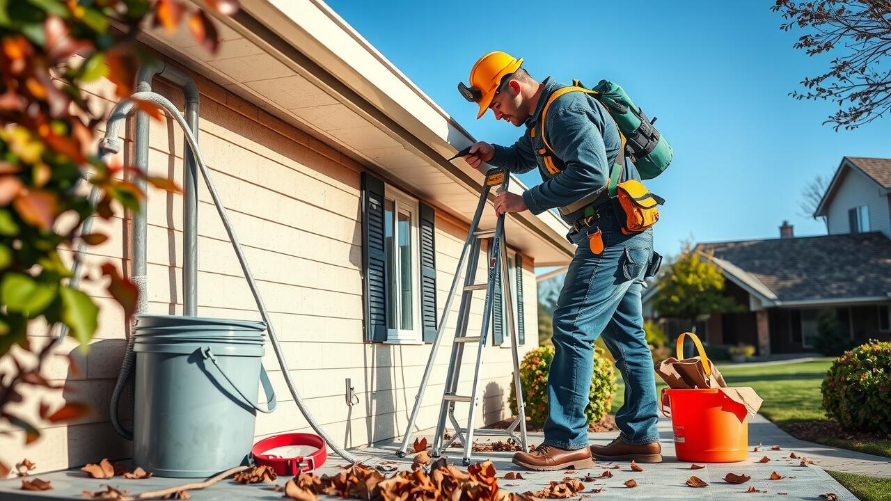 A worker wearing safety gear stands on a ladder cleaning gutters on a house, with tools, buckets, and fallen leaves on the ground nearby—offering services like air duct cleaning Lewisville for complete home maintenance.