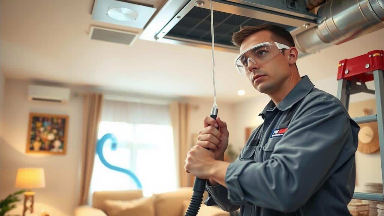 A technician wearing safety goggles cleans an air conditioning duct with specialized equipment in a well-lit living room, showcasing professional air duct cleaning lewisville services.