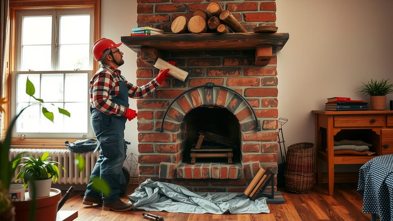 A person wearing safety gear places firewood on a brick fireplace mantel in a living room with wooden floors and houseplants, highlighting the importance of clean air and regular air duct cleaning Lewisville for a healthier home environment.