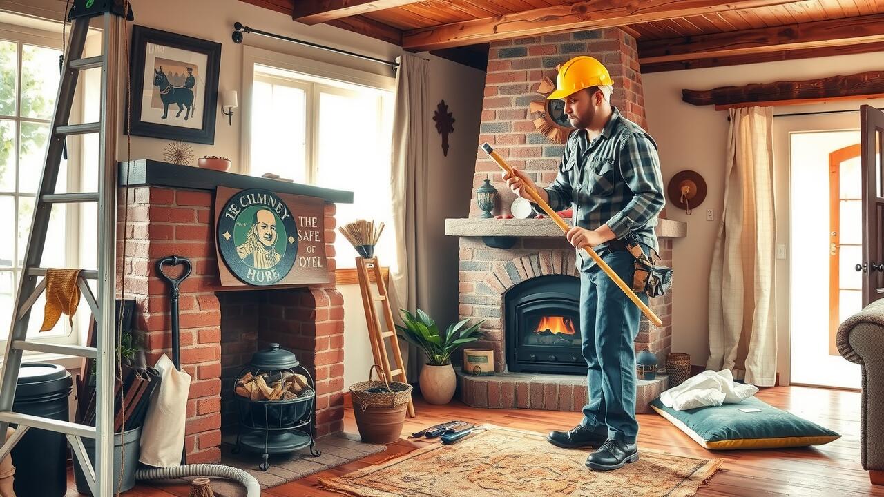 A person wearing a hard hat and plaid shirt cleans a chimney in a cozy living room with a brick fireplace, tools, and ladder nearby, highlighting the importance of regular air duct cleaning for maintaining safe indoor air quality.