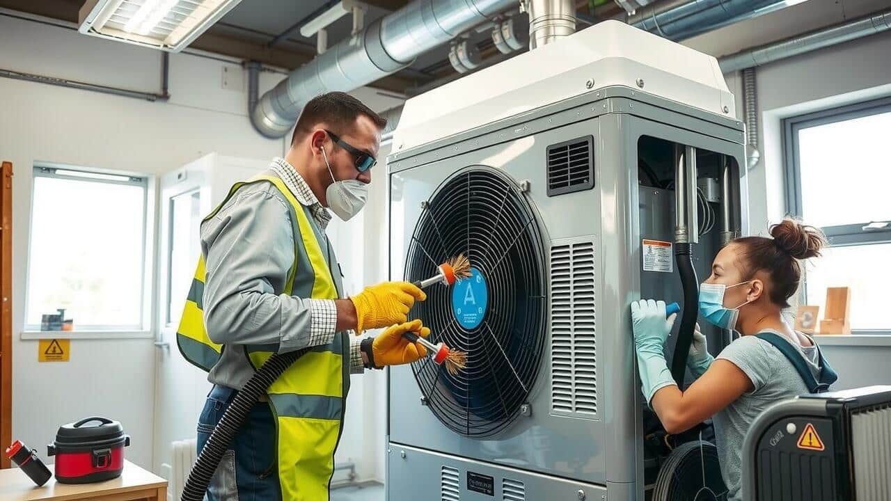Two workers wearing safety gear clean and inspect a large industrial air conditioning unit in a well-lit room, ensuring top-quality air duct cleaning Lewisville TX services.