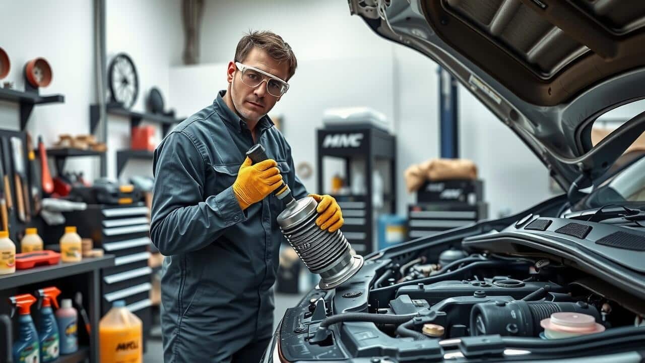 A mechanic wearing safety goggles and gloves holds a car part by an open hood in an organized auto repair shop, similar to the meticulous care seen in commercial air duct cleaning Lewisville services.