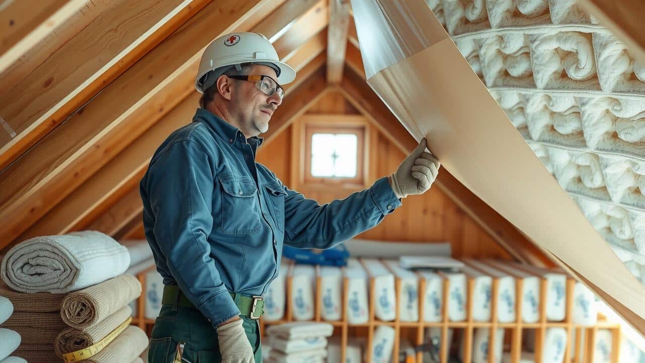 A worker in a hard hat and gloves installs insulation material in a wooden attic, with rolls of insulation stacked nearby—a vital step before air duct cleaning Lewisville services ensure optimal home air quality.