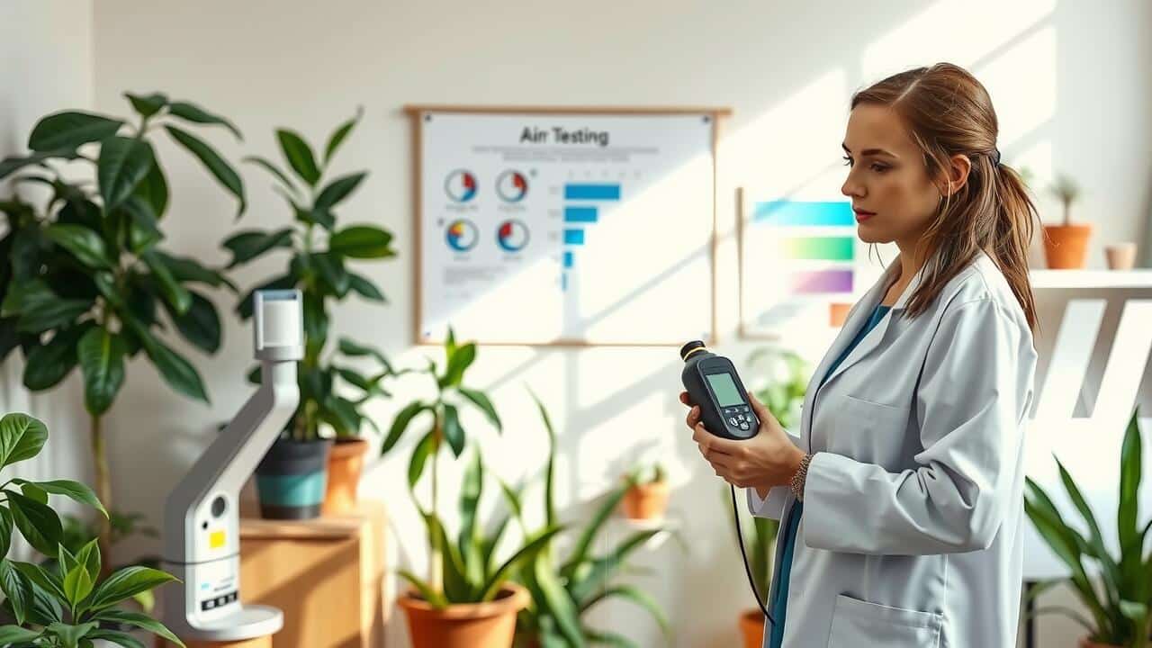 A scientist in a lab coat uses an air quality testing device in a room with potted plants and a chart labeled "Air Testing," highlighting the importance of services like air duct cleaning for maintaining a healthier indoor environment.