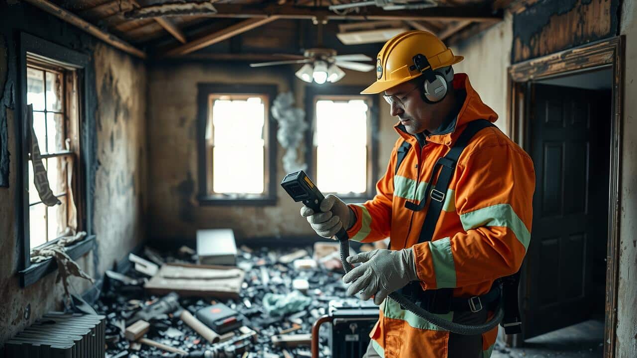 A safety inspector in protective gear examines fire damage inside a burnt room, holding an inspection device amid debris and charred walls—highlighting the importance of professional air duct cleaning Lewisville TX after such incidents.