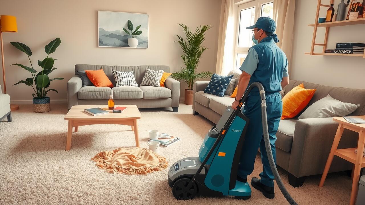 A professional cleaner operates a carpet cleaning machine in a neatly arranged living room with grey sofas, orange and yellow cushions, houseplants, and also offers air duct cleaning Lewisville TX for a healthier home environment.
