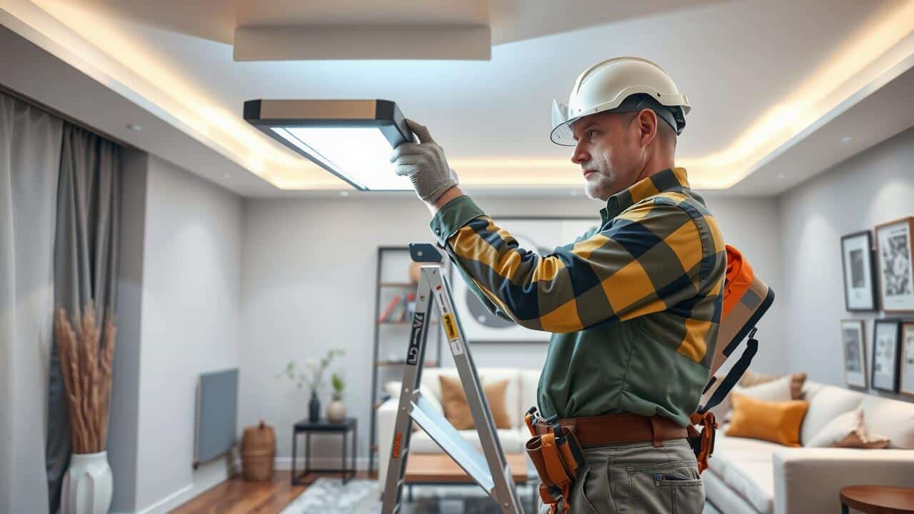 A worker in safety gear stands on a ladder installing or repairing a ceiling light fixture in a modern living room, where air duct cleaning is also being carried out to ensure optimal indoor air quality.