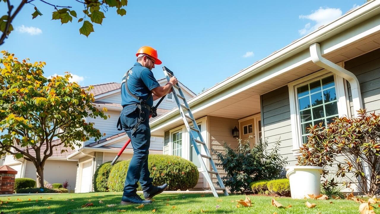 A worker wearing a safety harness and helmet stands on the lawn, climbing a ladder to inspect the roof and gutters of a suburban house—part of a routine commercial air duct cleaning Lewisville service on a sunny day.