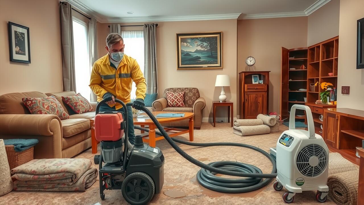 A person wearing a mask uses a carpet cleaning machine in a tidy living room, with furniture moved aside and some cushions on the floor—perfectly complementing recent air duct cleaning Lewisville TX services.