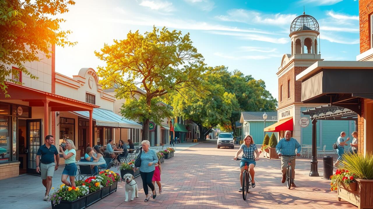 People walking, biking, and sitting at outdoor tables on a sunny, pedestrian-friendly street lined with shops—including carpet cleaning Lewisville services—trees, flowers, and a clock tower.
