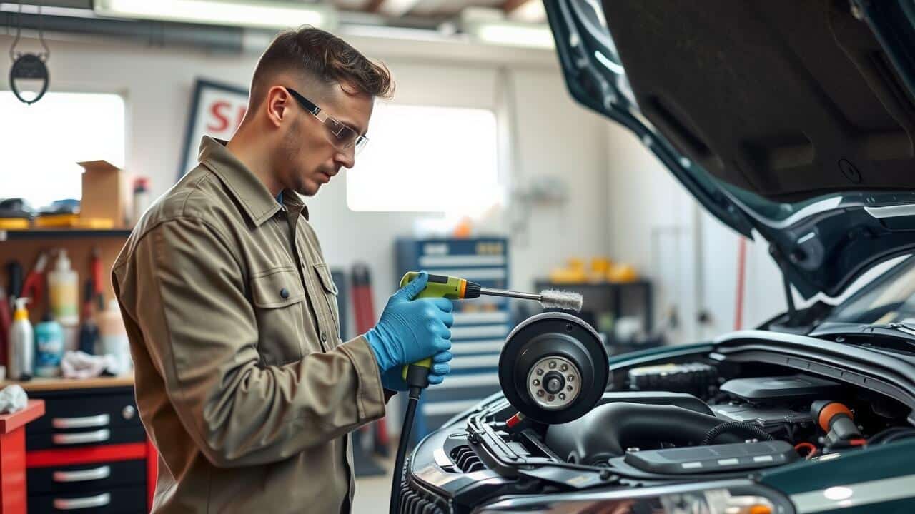 A man wearing safety glasses and gloves uses a power tool to work on a car engine in a well-equipped auto repair shop, similar to the care professionals show during air duct cleaning Lewisville TX services.