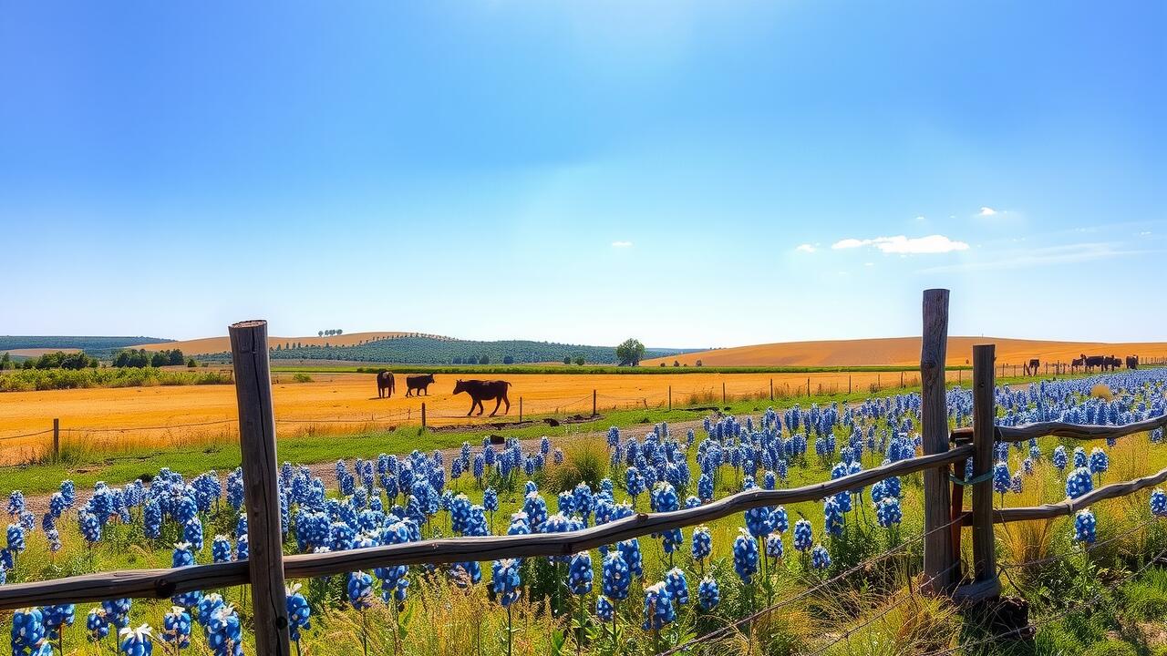 A wooden fence borders a field of bluebonnets, with grazing cows and yellow farmland under a clear blue sky in the background—much like the fresh atmosphere after expert air duct cleaning Lewisville TX.