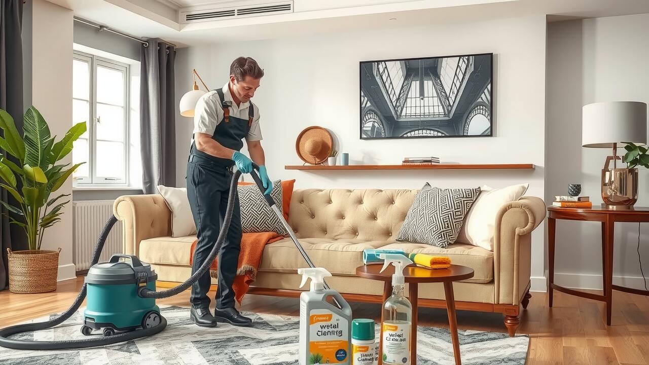 A person wearing cleaning gloves vacuums a rug in a tidy living room with cleaning supplies on the coffee table, highlighting the importance of regular air duct cleaning Lewisville TX for a truly fresh and healthy home.