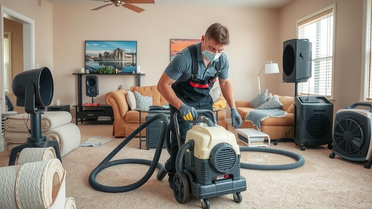 A man wearing a mask operates a carpet cleaning machine in a living room with rolled-up rugs, speakers, and various cleaning equipment—perfect for those considering air duct cleaning Lewisville services.
