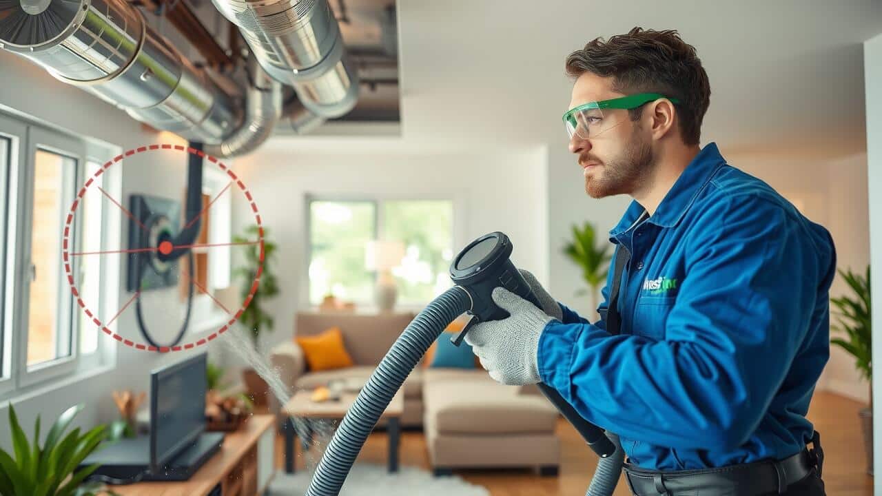 A technician in safety gear uses equipment to perform air duct cleaning in a modern living room with visible ventilation pipes.