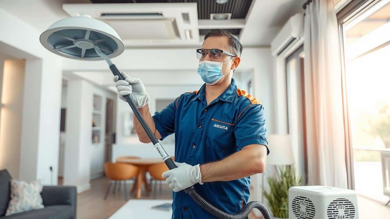 A technician in a mask, gloves, and uniform cleans an air conditioner with specialized equipment in a modern living room, highlighting the importance of services like commercial air duct cleaning Lewisville.